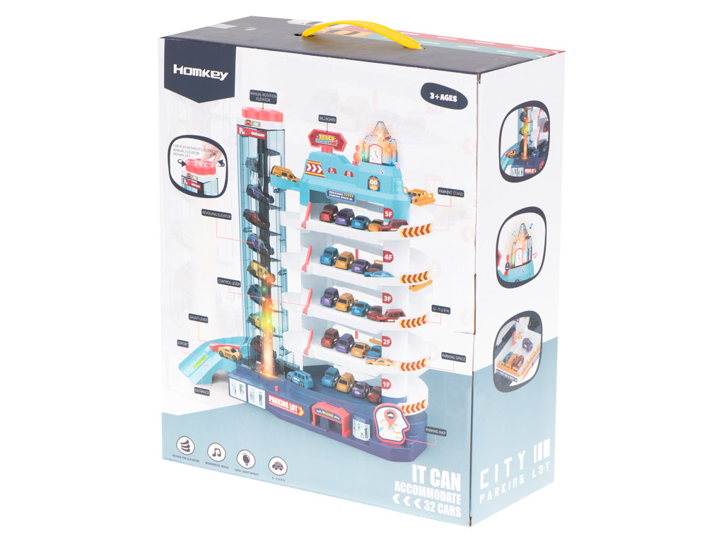 Parkeringshus med 5 etager, elektrisk elevator + måtte + 8 biler