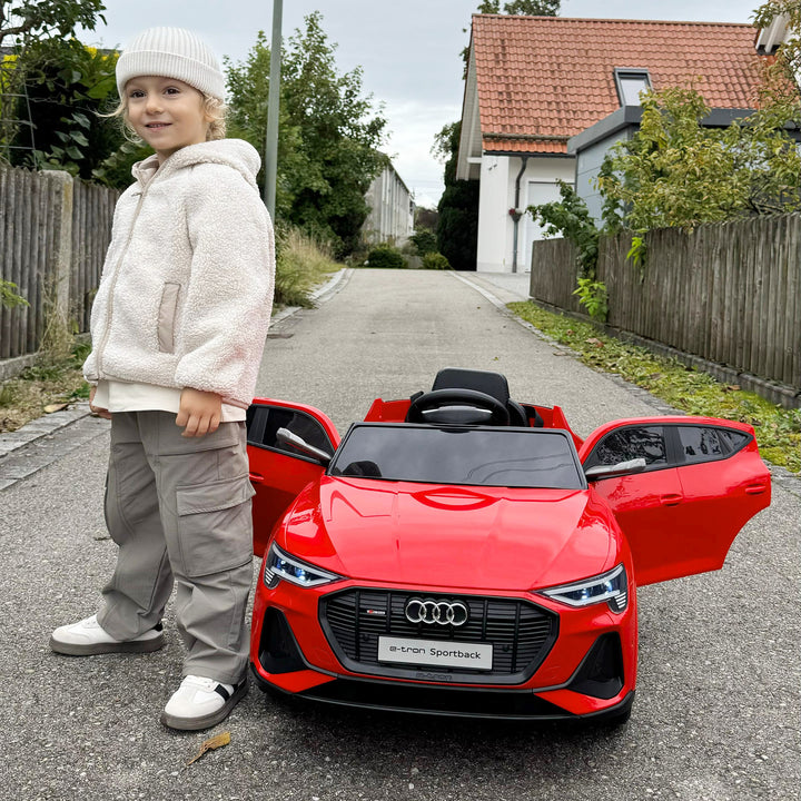 Elbil til børn, op til 5 km/t, med sikkerhedssele, fjernbetjening, forlygter, musikfunktion, rød