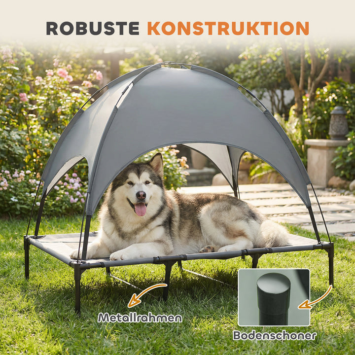 Forhøjet hundeseng med baldakin, kæledyrsseng, udendørs hundeseng med tag, åndbar, taftstof til camping, grå, 122 x 92 x 108 cm