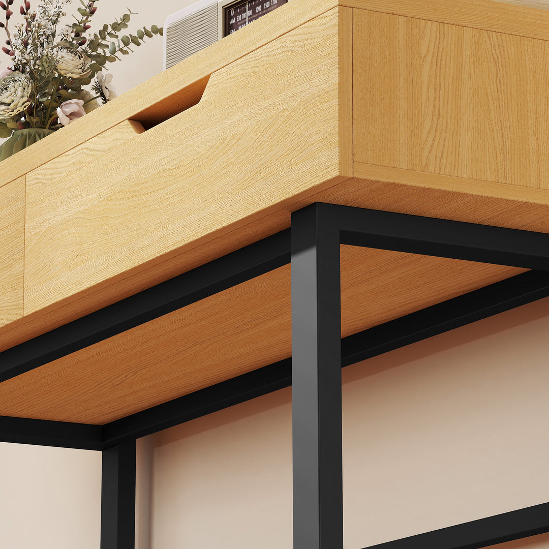 Konsolbord, smalt entrebord med 2 skuffer, metalstel, til entre, 110 x 35 x 76,5 cm, naturlig finish