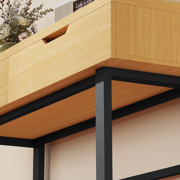 Konsolbord, smalt entrebord med 2 skuffer, metalstel, til entre, 110 x 35 x 76,5 cm, naturlig finish