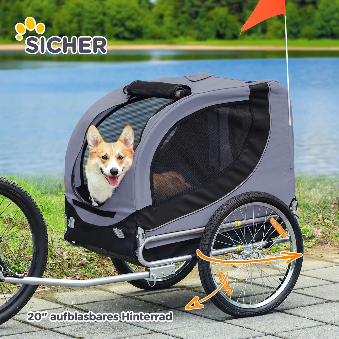 Hundetrailer, cykeltrailer op til 20 kg, foldbar med universalkobling, reflekser, flag, opbevaringsbar, stål+polyester, grå+sort, 130 x 73 x 90 cm