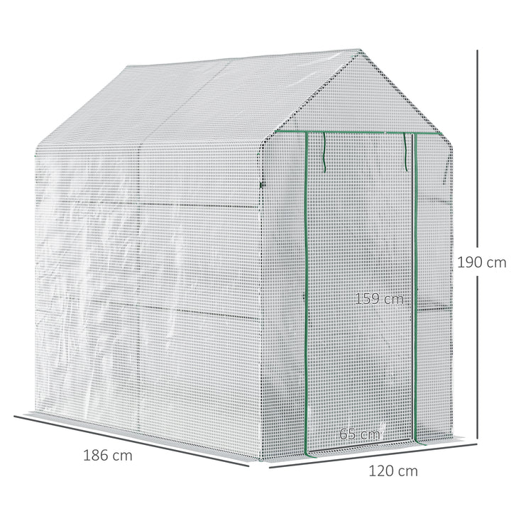 Walk-in polytunnel drivhus med 4 hylder, tomatdrivhus, drivhus, kold ramme med dør, grøn, stål, PE, 120 x 186 x 190 cm