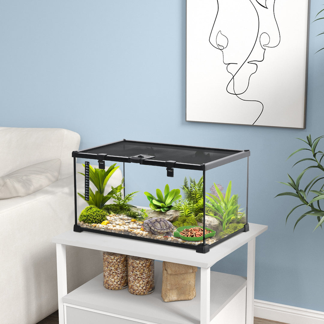 Reptile box terrarium, inklusive stribetermometer, foderklapper, 50 cm x 30 cm x 25 cm, glas + metal, sort