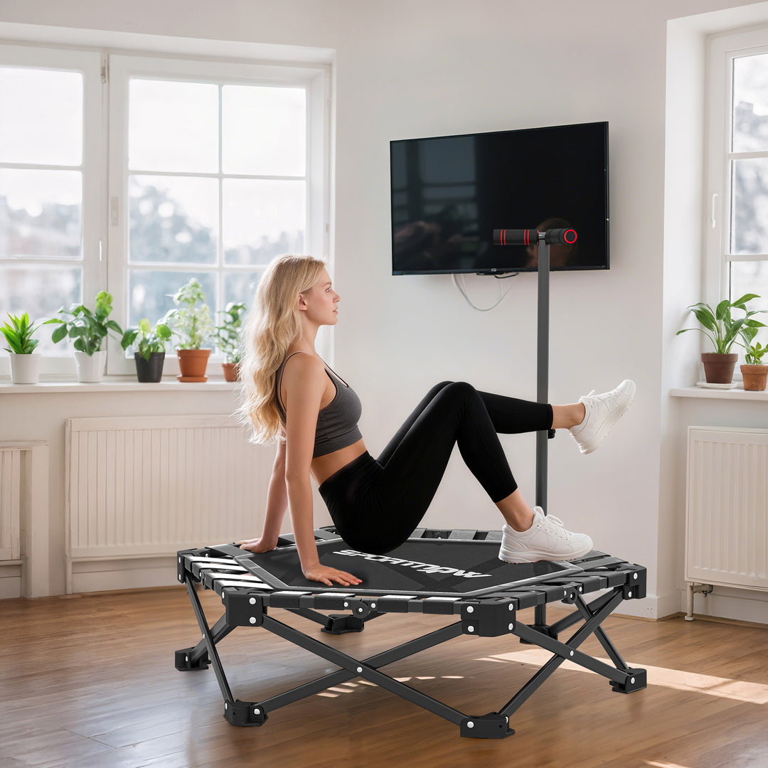 Fitnesstrampolin med justerbart T-håndtag, foldbar, bæretaske, 120 kg lasteevne, stål, plastik, sort