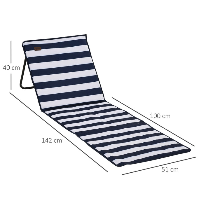 Sammenklappelig strandstol med justerbar ryglæn, sidelomme, blød polstring, stålstel, blå og hvid, 142x51x40cm