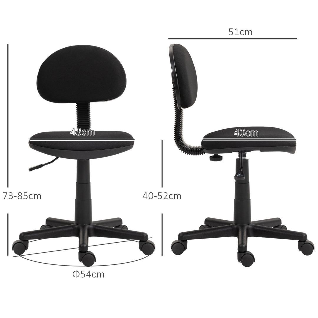 Kontorstol, armløs design, lav ryg, rullende, drejelig, sort
