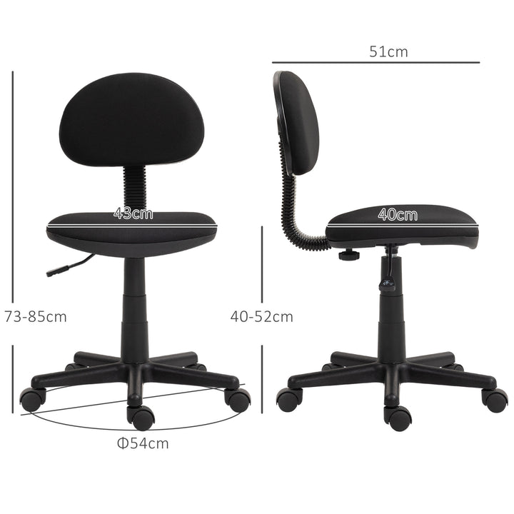 Kontorstol, armløs design, lav ryg, rullende, drejelig, sort