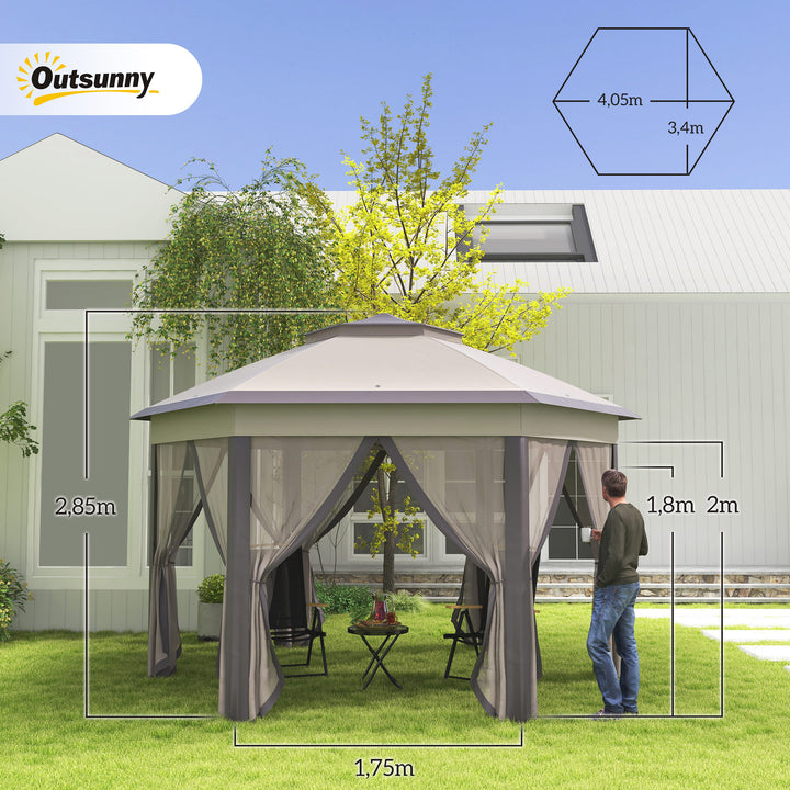 Havepavillon, foldbar pavillon, 4 x 4 m pop-up telt, partytelt inklusive bæretaske, 6 sidepaneler, dobbelt tag, sekskantet, beige