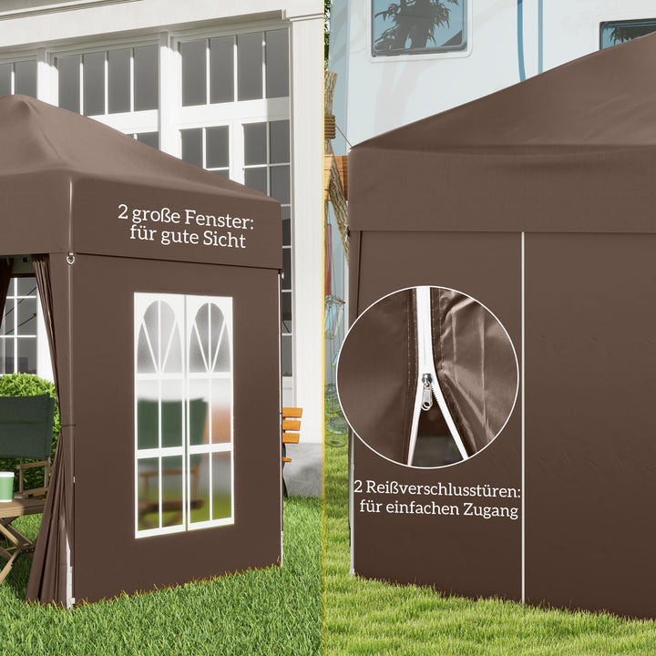 Pop-up-pavillon, øltelt, 4 aftagelige sidevægge, 2 vinduer, metalramme, 2 x 2m, brun