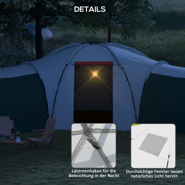 Campingtelt til 6-9 personer, 4 værelser, markise, vandtæt, 615 x 615 x 225 cm, grøn