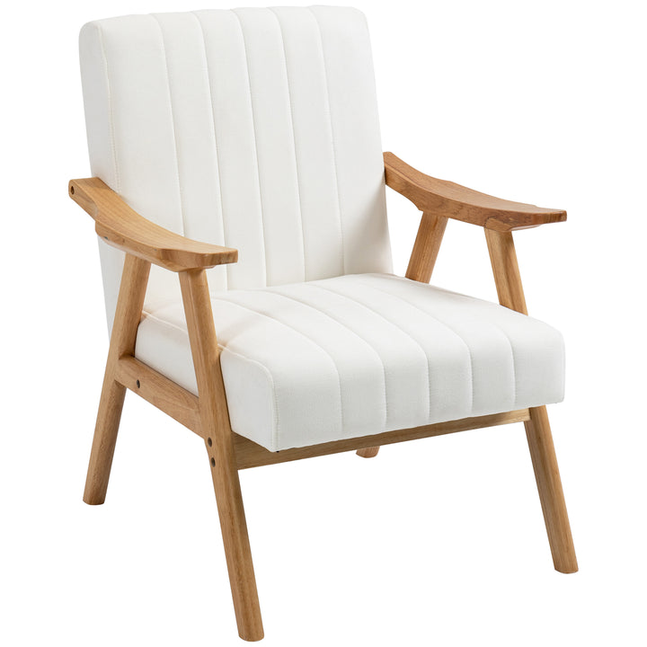 Polstret lænestol i skandinavisk design, fløjlslook, massivt træstel, 68 x 74 x 82 cm, natur + creme