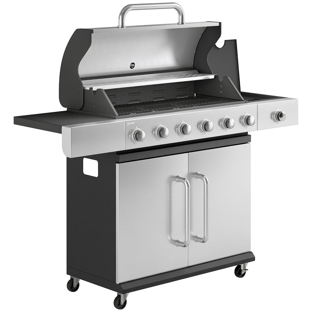 Gasgrill 18,6 KW 6+1 brænder BBQ grillvogn lavet af rustfrit stål inkl. hjul, termometer, varmerist, sidebord, underskab