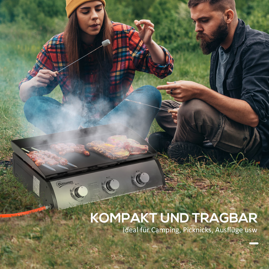 Gasgrill med 3 brændere, slange, non-stick grillplade, rustfrit stål, farve: sølv, 63 x 48 x 21 cm