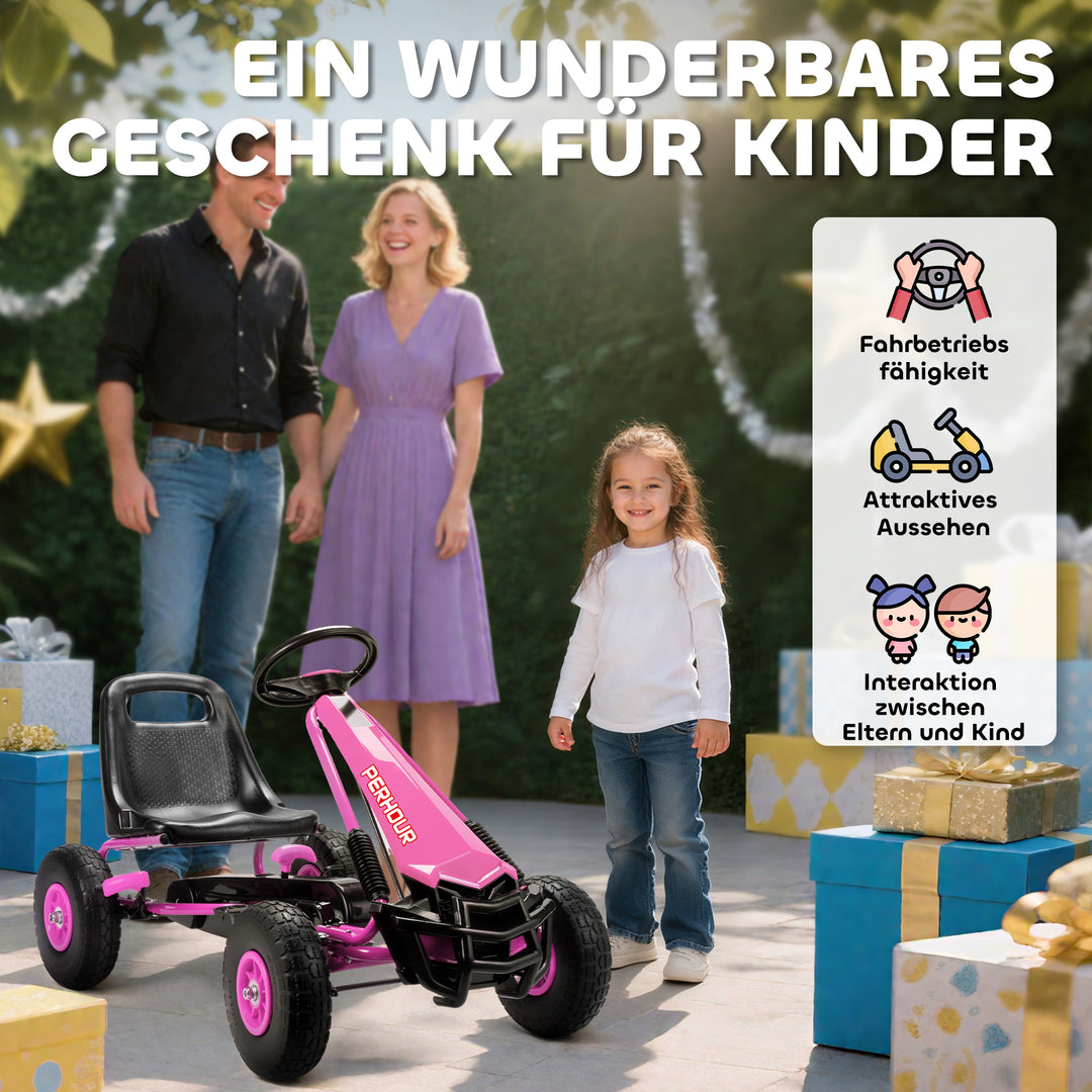 Pedal-gokart til børn, højdejusterbart sæde, EVA-hjul, bremse, kobling, alder 3-8, pink