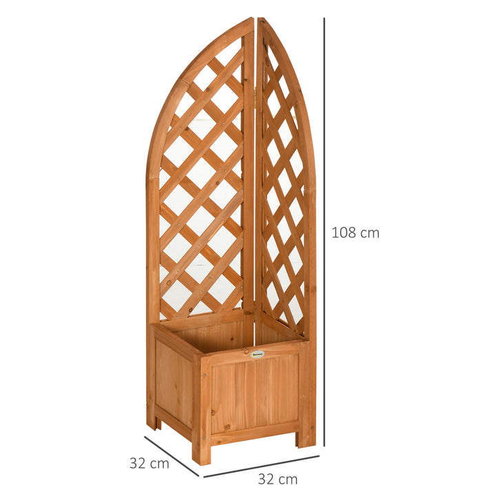 Plantekasse med hjørneespalier, drænåbning, vejrbestandig, naturtræ, brun, 32 x 32 x 108 cm