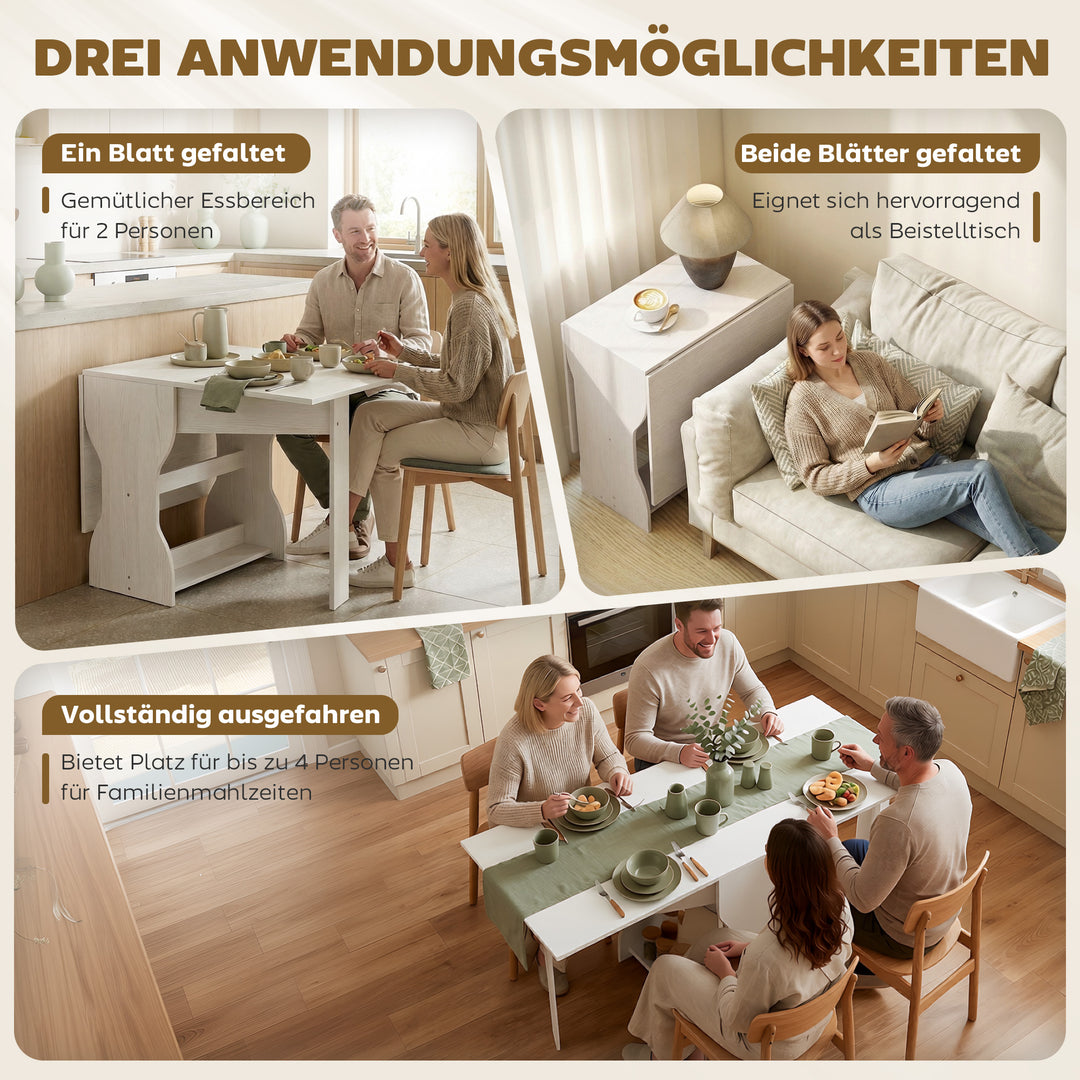 Klapbart spisebord, køkkenbord med opbevaring til 2-4 personer, klapbord til små rum, spisestue, 160 x 60 x 75 cm, hvid