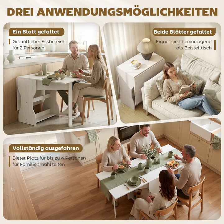 Klapbart spisebord, køkkenbord med opbevaring til 2-4 personer, klapbord til små rum, spisestue, 160 x 60 x 75 cm, hvid