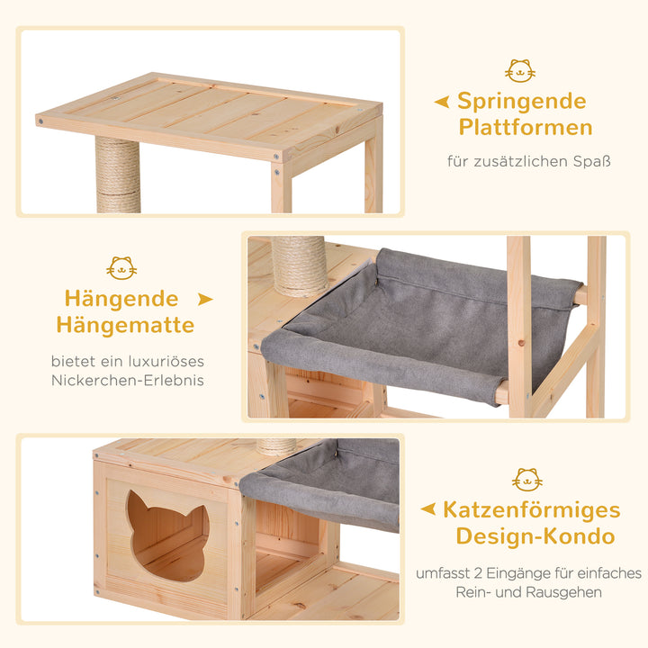 Kattehus med hængekøje, kattekasse med sisalstolpe, kattehule, kradsetræ, aktivitetscenter til katte, fyrretræ, naturtræ, 70 x 35 x 60 cm