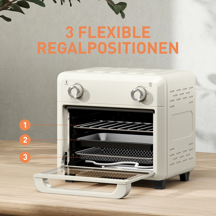 10L varmluftovn til grill, bagning og stegning, timer, 1000W, tåler opvaskemaskine, cremehvid