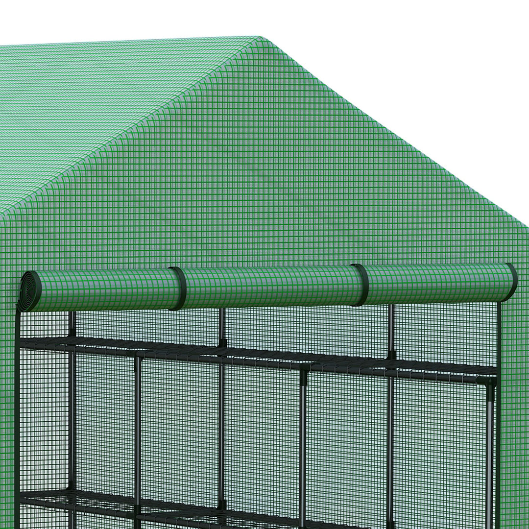 Plastikdrivhus, walk-in drivhus med 8 hylder, tomatdrivhus, drivhus, kold ramme med dør, grøn stål, pe-plast 244 x 180 x 210 cm