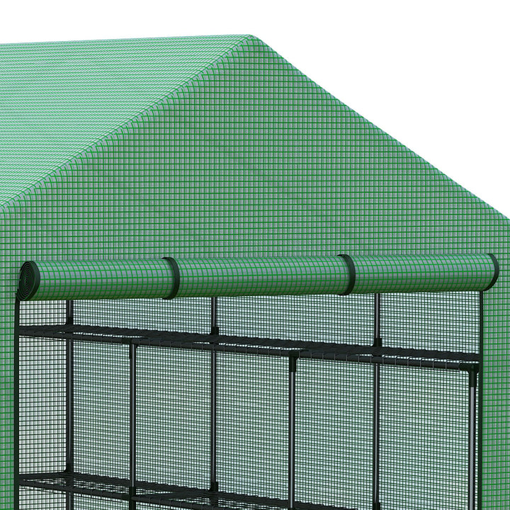 Plastikdrivhus, walk-in drivhus med 8 hylder, tomatdrivhus, drivhus, kold ramme med dør, grøn stål, pe-plast 244 x 180 x 210 cm