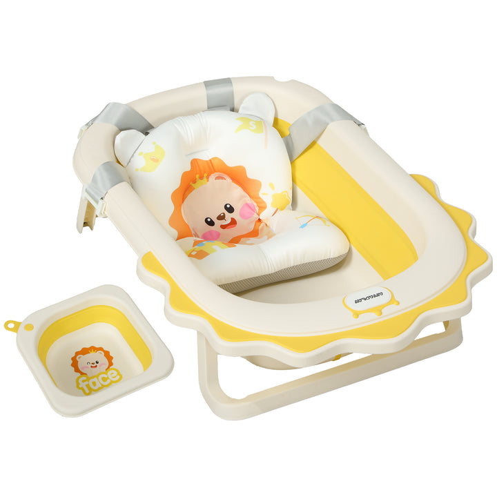 Babybadekar med vask, foldbar, skridsikker bund, komfortabel badehynde, gul