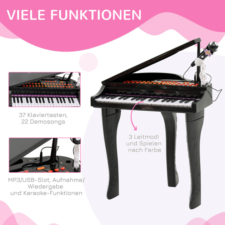 Børnekeyboard med 37 tangenter, skammelklaver med mikrofon, LED-læringstilstand, optagefunktion, klaverinstrument til 3-6-årige børn, sort
