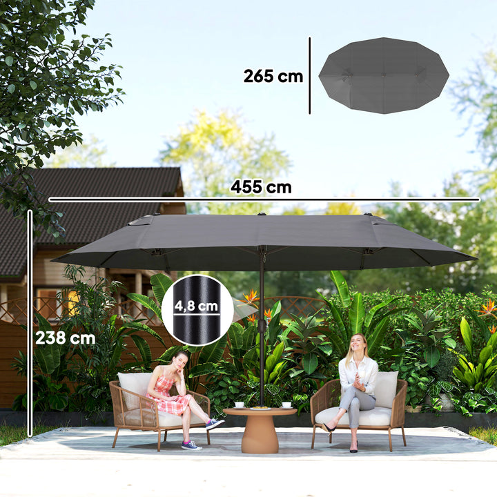 Dobbelt parasol 455 x 265 cm, UV-beskyttende parasol med håndsving, vindtæt balkonparasol, håndsvingparasol, solskærm til balkon og have, grå