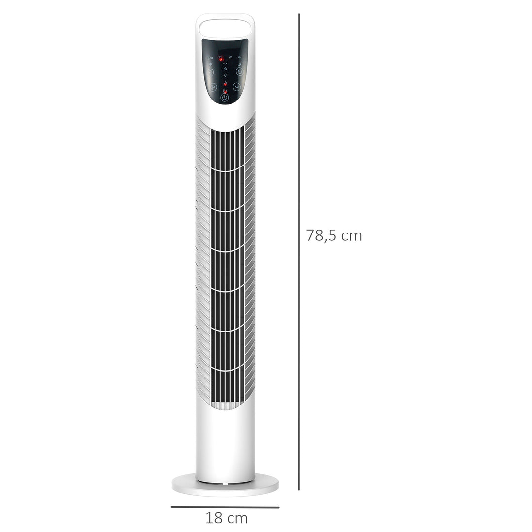 Tårnventilator, 3 tilstande, stille drift, timer, fjernbetjening, 18x78,5 cm, hvid