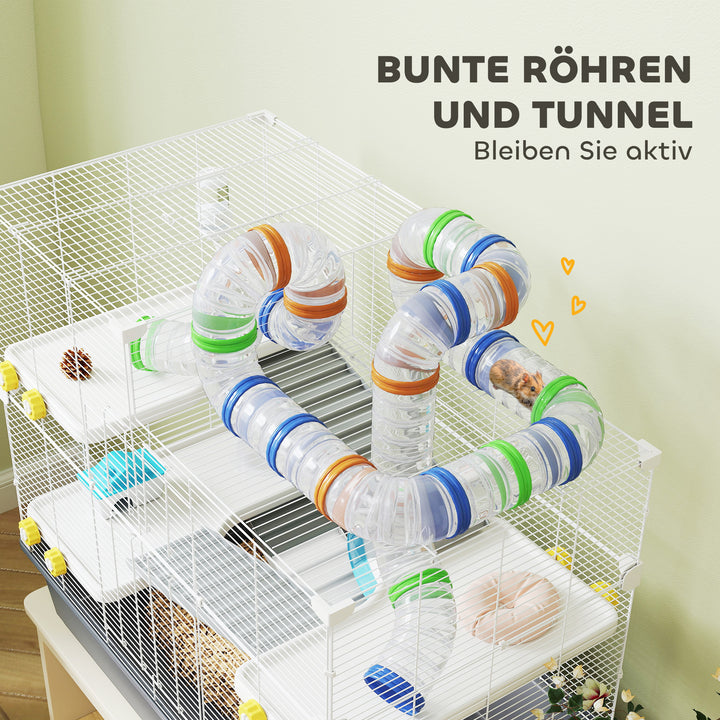Dværghamsterbur, 4 niveauer, tunnelsystem, bur, tilbehør, topåbning, 78 x 45 x 73 cm, grå