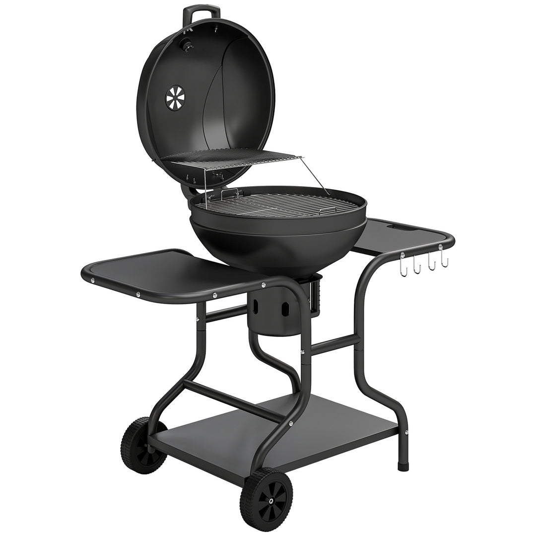 Kulgrill BBQ-ryger med sideborde, låg, termometer og hjul, 129 x 63,5 x 106,5 cm