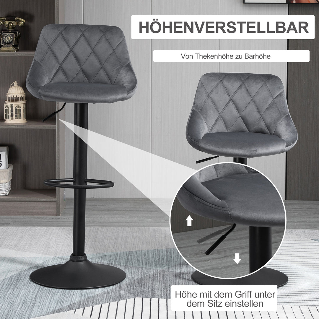 Sæt med 2 barstole, højdejusterbare barstole med ryglæn, fløjlslook, metalstel, fodstøtte, drejelig, mørkegrå