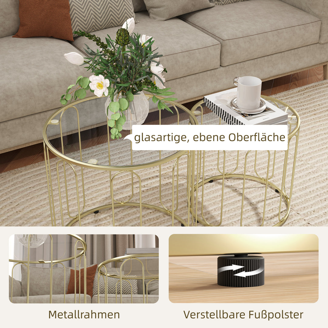 Sæt med 2 stabelbare glasborde, glasplader, metalstel, guldfarvet