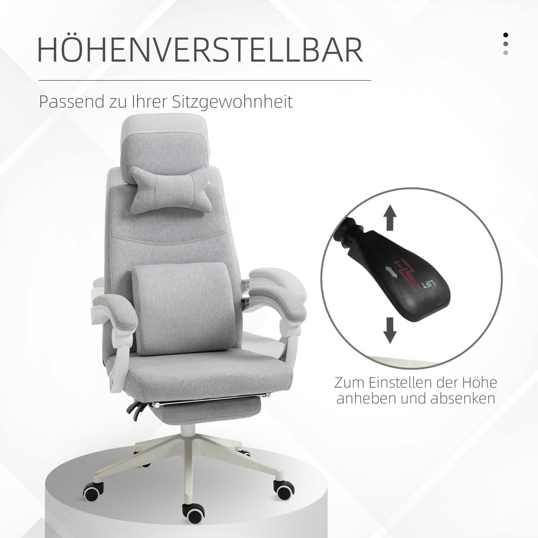 Kontorstol, ergonomisk skrivebordsstol med nakkestøtte, lændehynde, højdejusterbar gamingstol med fodstøtte, høj ryglæn, grå 62 x 68 x 117-127 cm