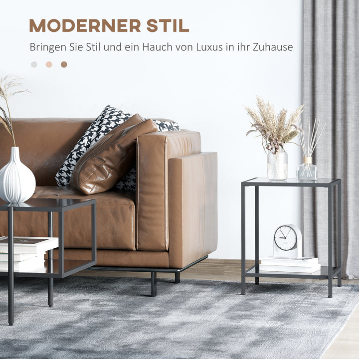 Sidebord med hærdet glasplade, 2 niveauer, klassisk design med metalstel, sort