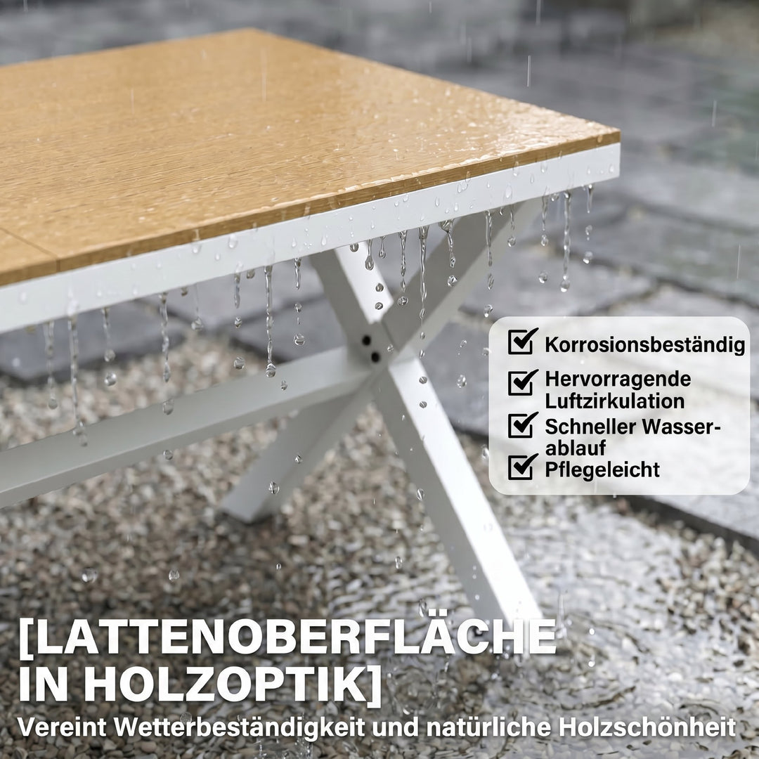 Havemøbelsæt, siddegruppe, 7 dele, bord med 6 stabelbare stole, trælook, aluminiumsstel, teak