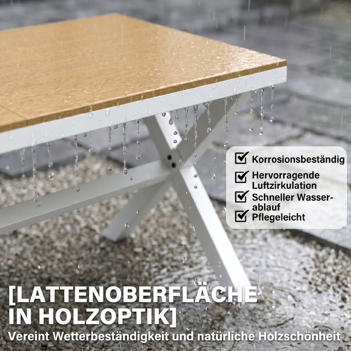 Havemøbelsæt, siddegruppe, 7 dele, bord med 6 stabelbare stole, trælook, aluminiumsstel, teak
