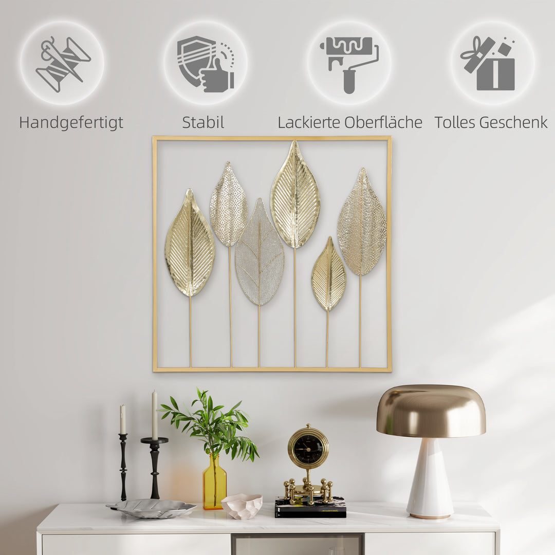 Metalramme med bladdesign, vægdekoration, moderne stil, guldfarvet
