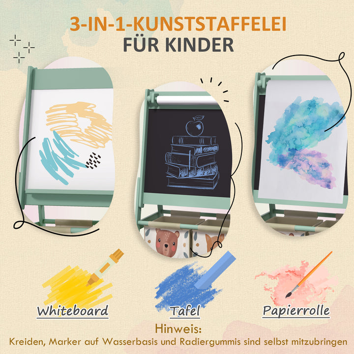 3-i-1 børnestaffeli med papirrulle, tavle, whiteboard, opbevaringskurve, 54 x 46,5 x 93 cm, grøn