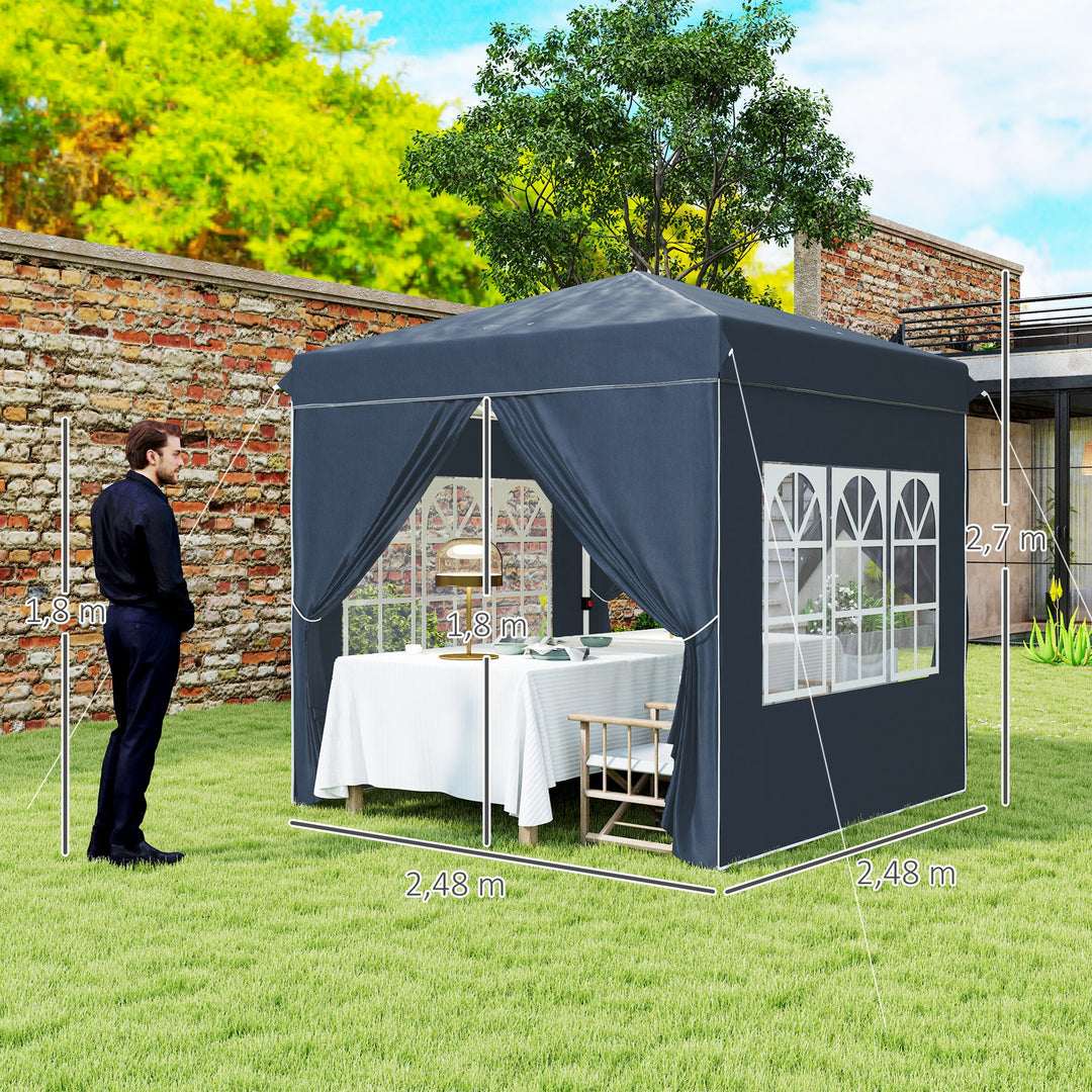 2,5 x 2,5 m pop-up pavillon med sidepaneler og bæretaske, UPF50+ højdejusterbart havetelt, mørkeblå