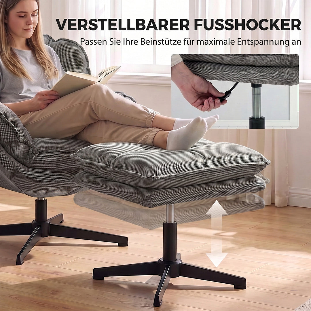 Lænestol med højdejusterbar fodskammel, til stuen, grå