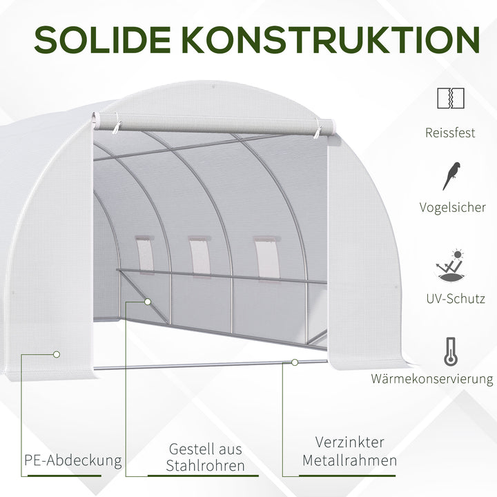 Drivhus 595x300x200cm, polytunneldrivhus, tomathus med dør, vindue, galvaniseret stålpolytunnel, plantetunnel, drivhus inklusive jordankre og reb, havetunnel, hvid