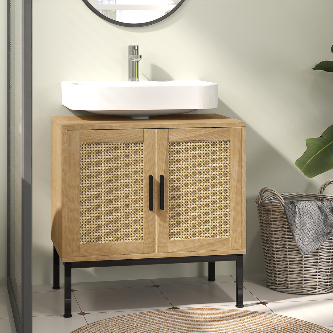 Badeværelsesskab, boho design, badeværelsesskab, rattanelementer, med u-snit, eg