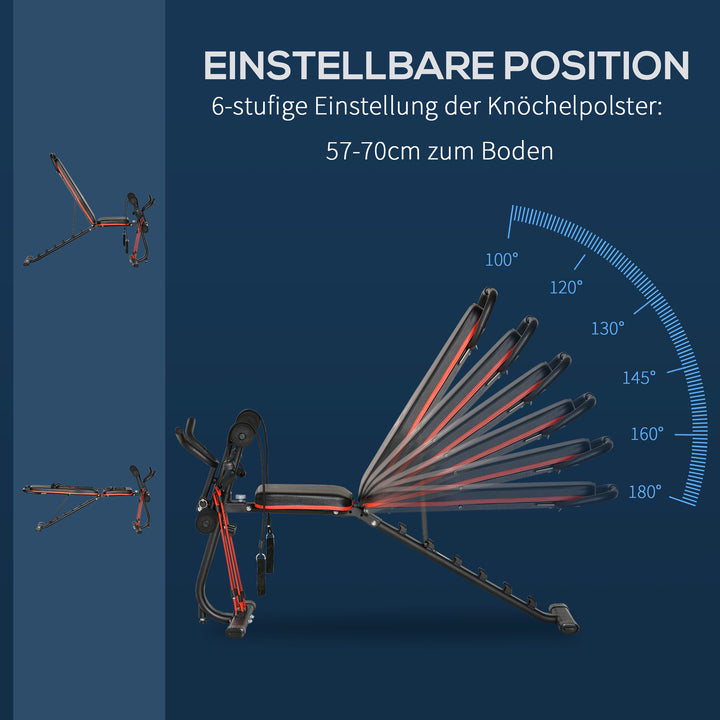 Vægtbænk justerbar træningsbænk med elastisk reb siddebænk til hjemmetræning 6 niveauer ryglæn skråvægt op til 150 kg stål kunstlæder sort+rød 145 x 49 x 48-127 cm