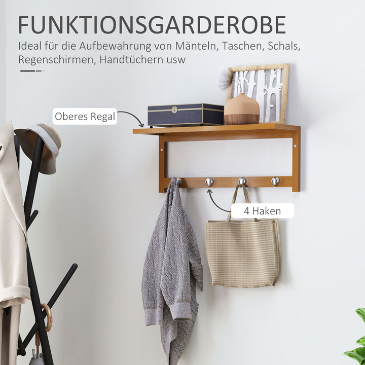 Vægmonteret knagerække med kroge, pladsbesparende, bæreevne 5 kg, 50 x 16 x 17,5 cm, naturtræ