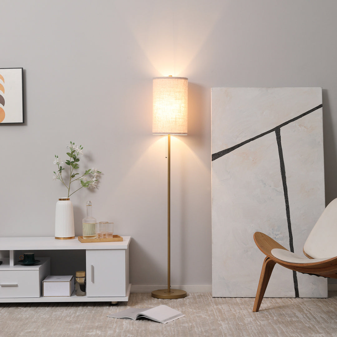 Gulvlampe, elegant stålgulvlampe med stofskærm, stuelampe, trækkædeafbryder, guld+hvid