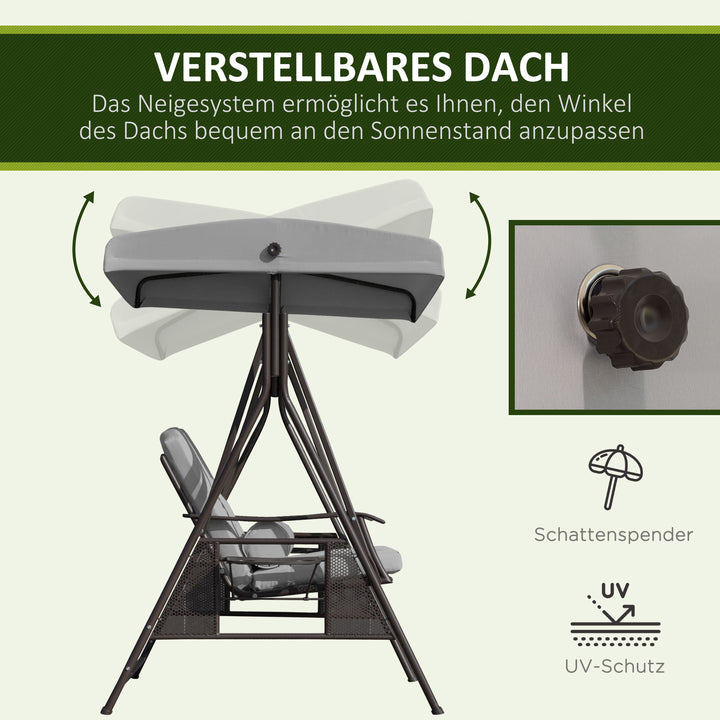 2-personers Hollywood gyngestol med solsejl, hynder, bakke, metal, polyester, grå, 162 x 118 x 173 cm