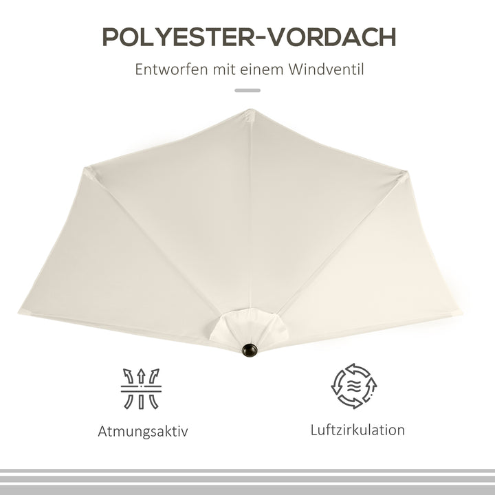 Halvcirkelformet parasol med håndsving, haveparasol, metalstel, balkonparasol, 293x150 cm, cremehvid