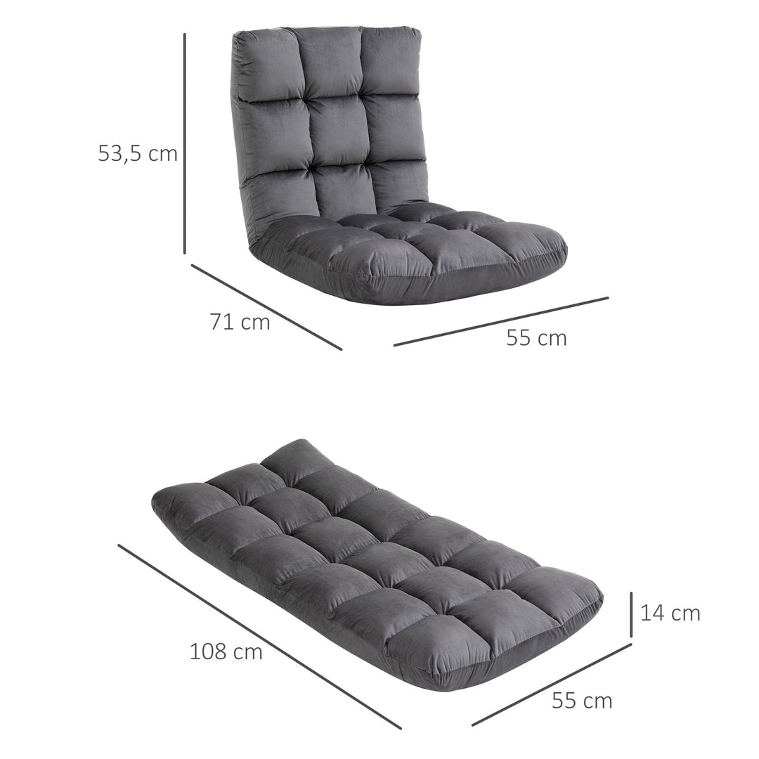 Lænestol gæstemadras gulvstol, justerbar ryglæn, velourlook, 55 cm x 71 cm x 53,5 cm, grå
